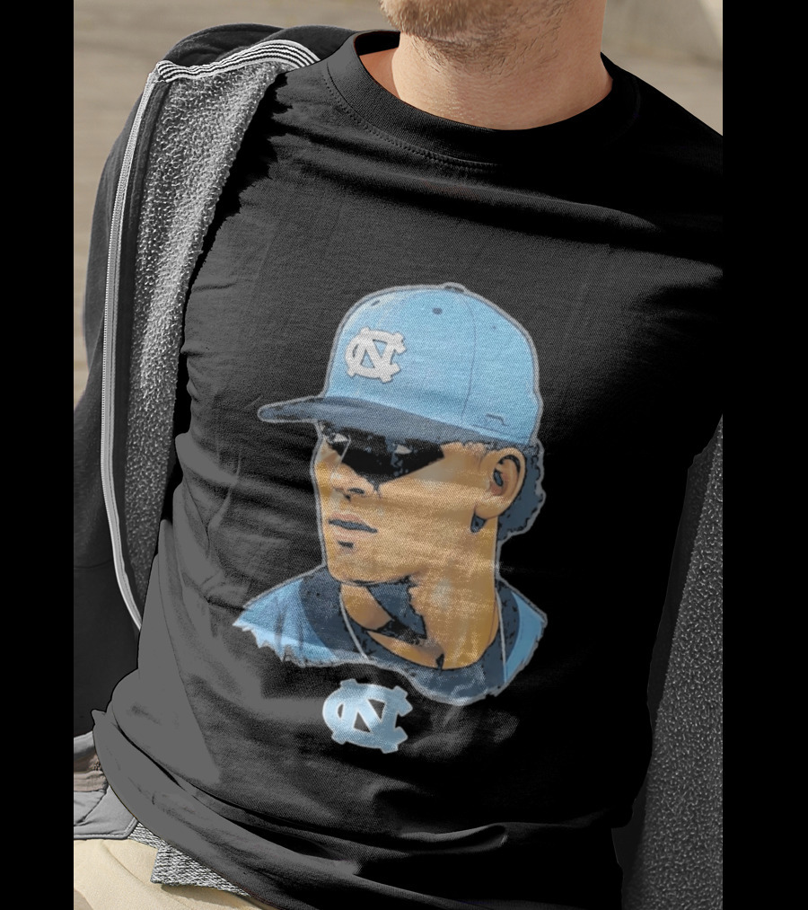 UNC Tar Heels Baseball Portrait Comic Style Navy Blue Cap T-Shirt