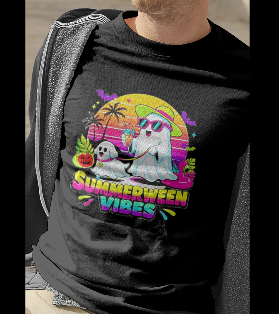 Summerween Vibes Ghost Walking Dog Retro Sunset Tropical Beach Party T-Shirt
