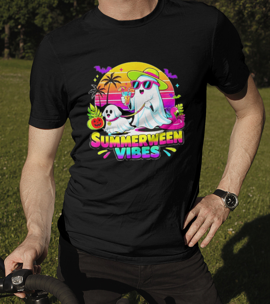 Summerween Vibes Ghost Walking Dog Retro Sunset Tropical Beach Party T-Shirt