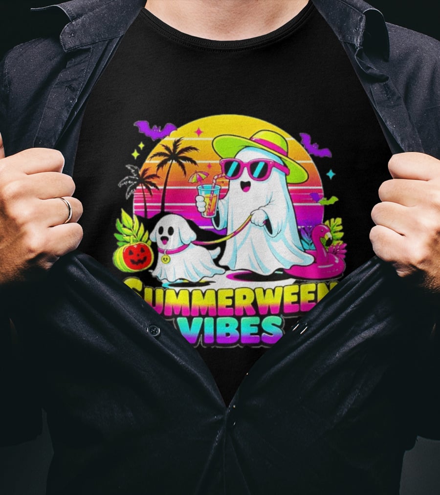Summerween Vibes Ghost Walking Dog Retro Sunset Tropical Beach Party T-Shirt