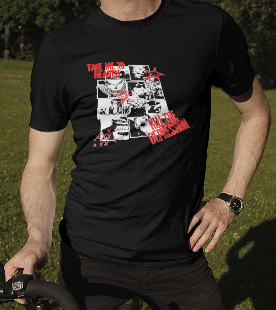 Take Me To Heaven Kill The Depression Kurt Cobain Nirvana Punk Rock Concert Collage T-Shirt