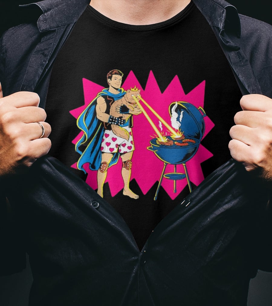Superhero Cape Heart Shorts Laser Cat BBQ In Action T-Shirt