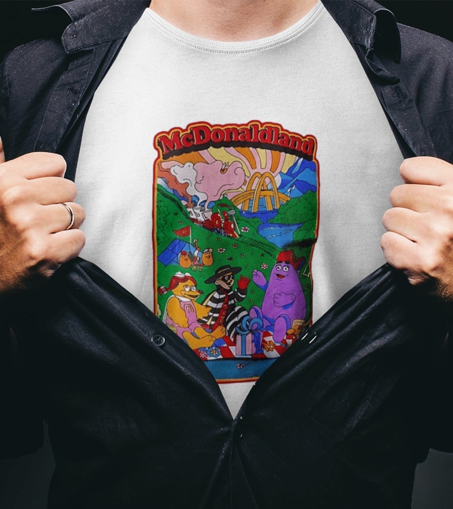 McDonaldland Hamburglar Grimace Birdie Picnic Train Scene T-Shirt