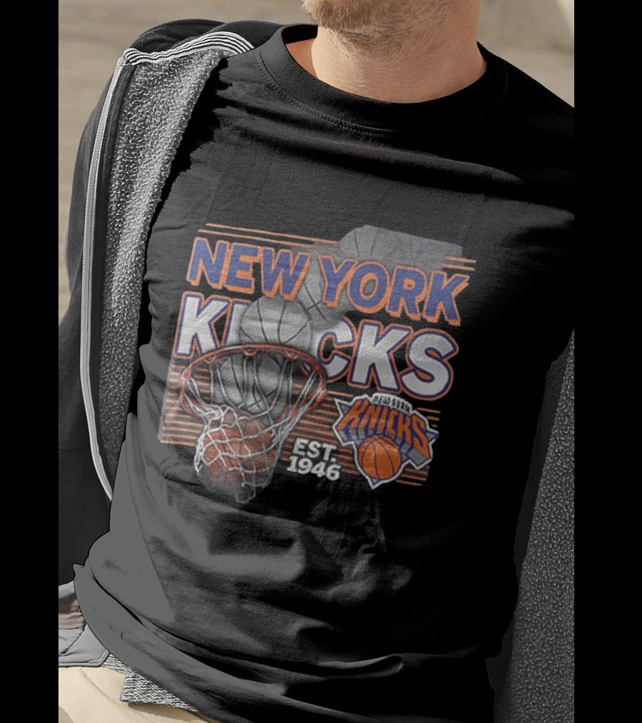 New York Knicks Basketball Hoop Net Est 1946 Team Logo 2 Sided T-Shirt