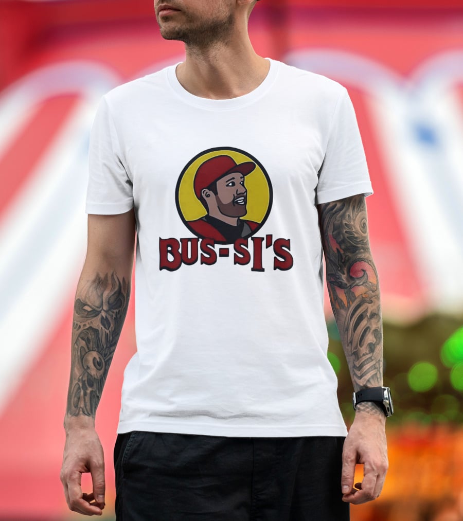 Bus Si's Baseball Player Cartoon Logo Design White T-Shirt