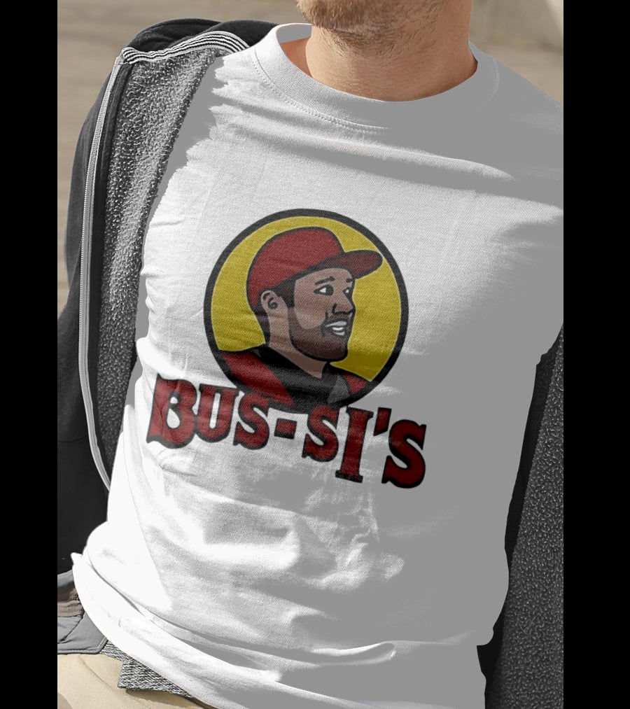 Bus Si's Baseball Player Cartoon Logo Design White T-Shirt