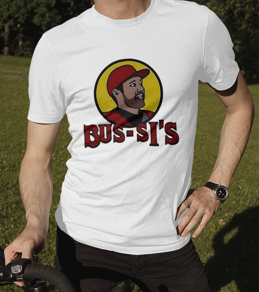Bus Si's Baseball Player Cartoon Logo Design White T-Shirt
