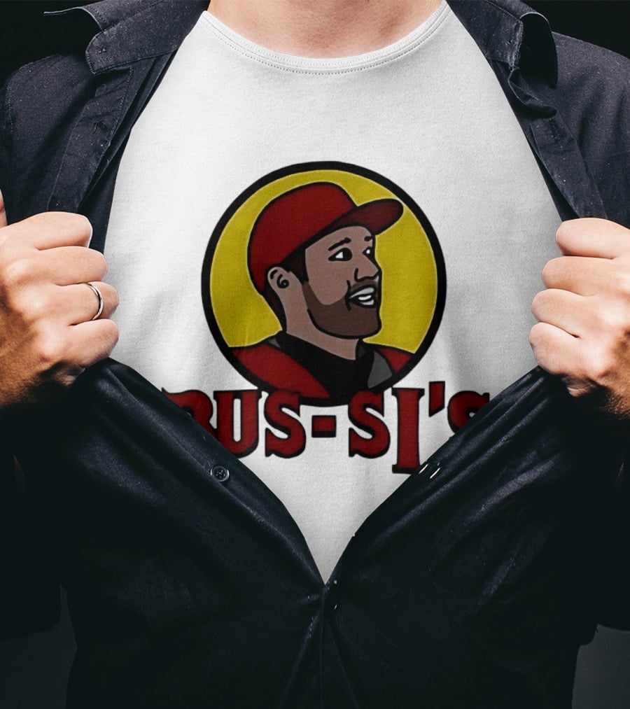 Bus Si's Baseball Player Cartoon Logo Design White T-Shirt