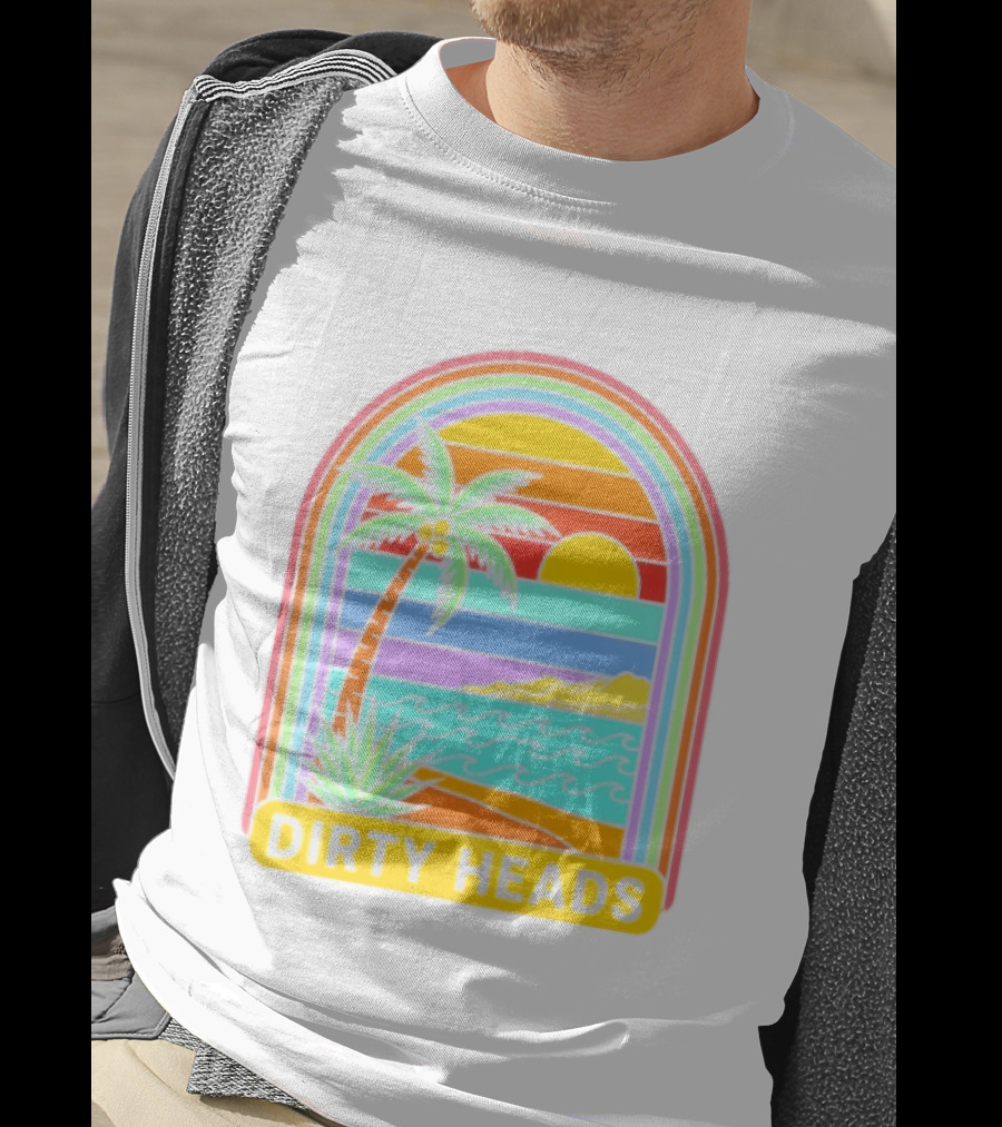 Dirty Heads Tropical Beach Palm Tree Rainbow Arch Sunset T-Shirt