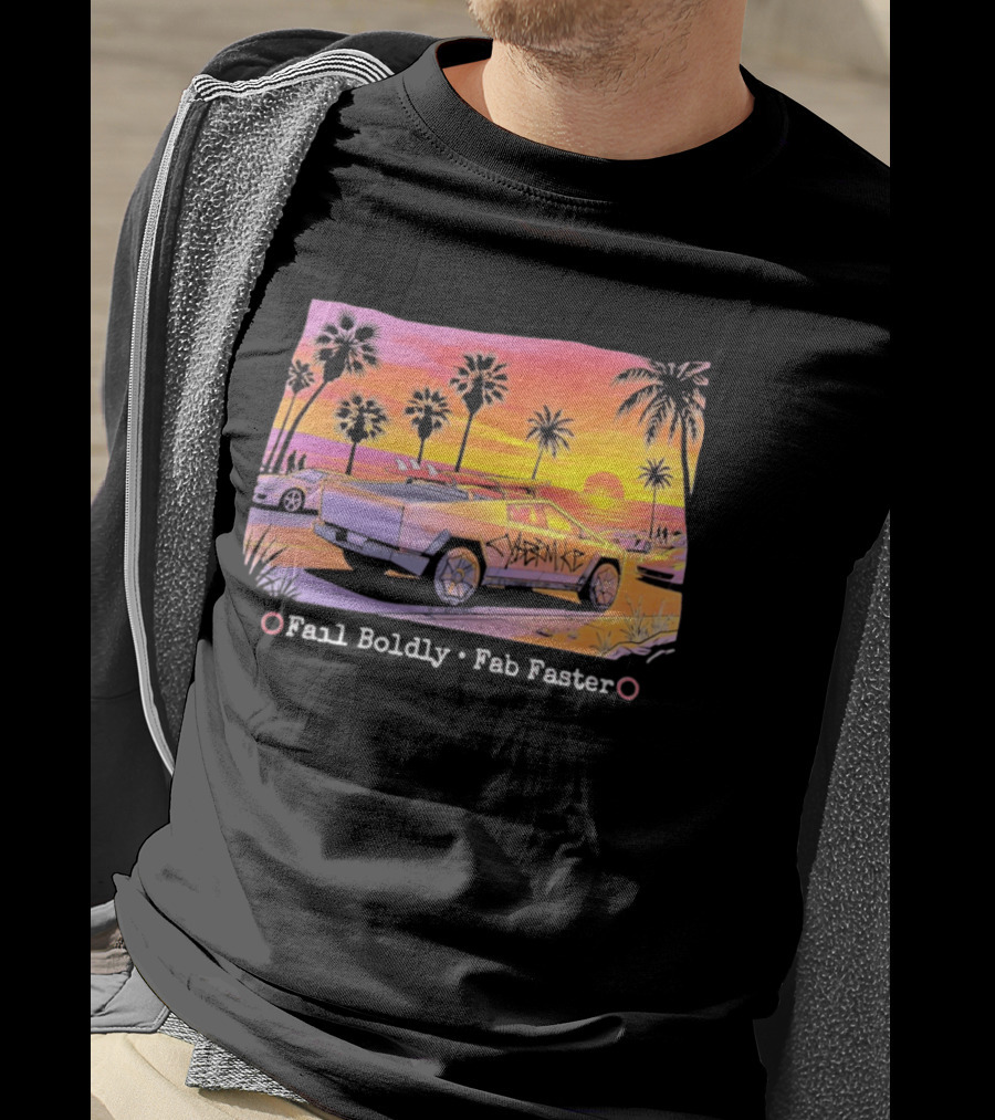 Cybertruck Beach Sunset Surfer Vibes Fail Boldly Fab Faster T-Shirt