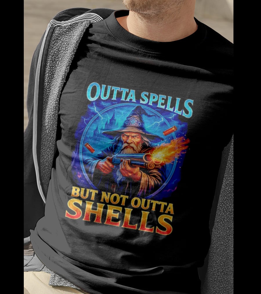 Outta Spells But Not Outta Shells Wizard With Gun Fantasy Humor T-Shirt