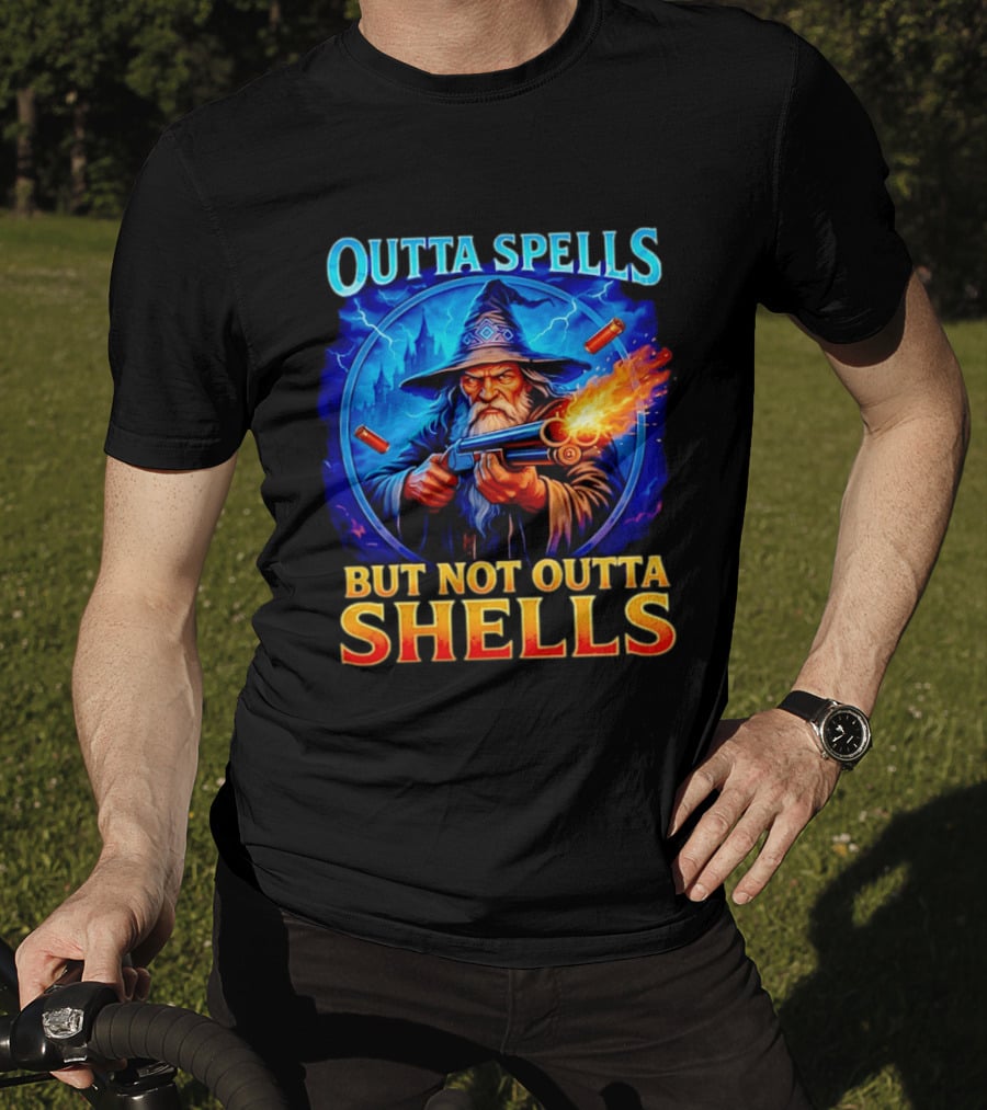 Outta Spells But Not Outta Shells Wizard With Gun Fantasy Humor T-Shirt