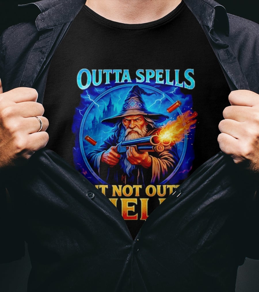 Outta Spells But Not Outta Shells Wizard With Gun Fantasy Humor T-Shirt