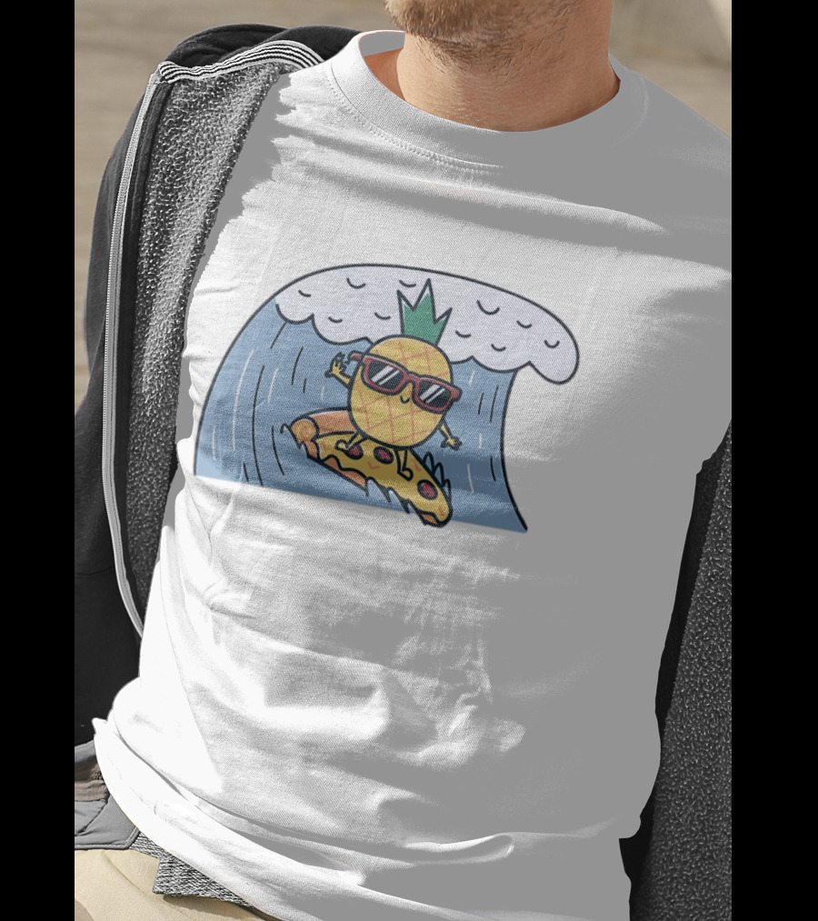 Pineapple Surfing On Pizza Slice Ocean Wave With Sunglasses Cartoon T-Shirt