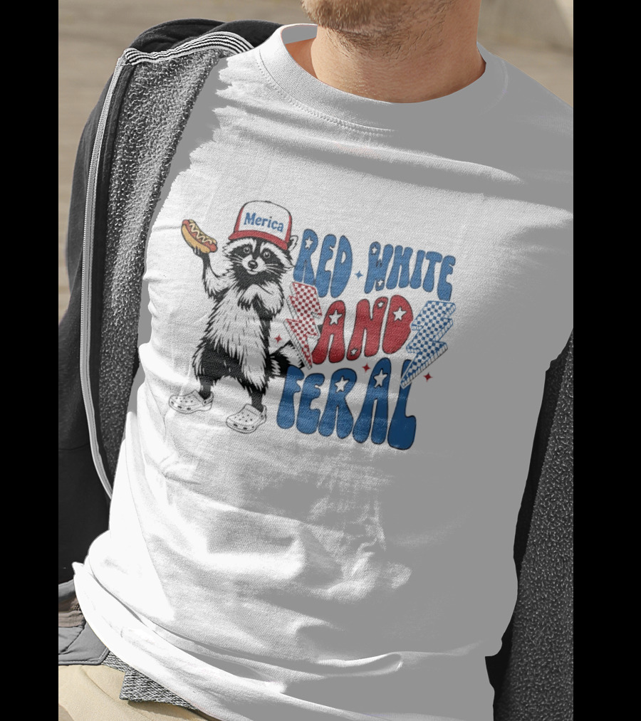 Red White And Feral Raccoon Hotdog Merica Cap Lightning Bolts Patriotic T-Shirt