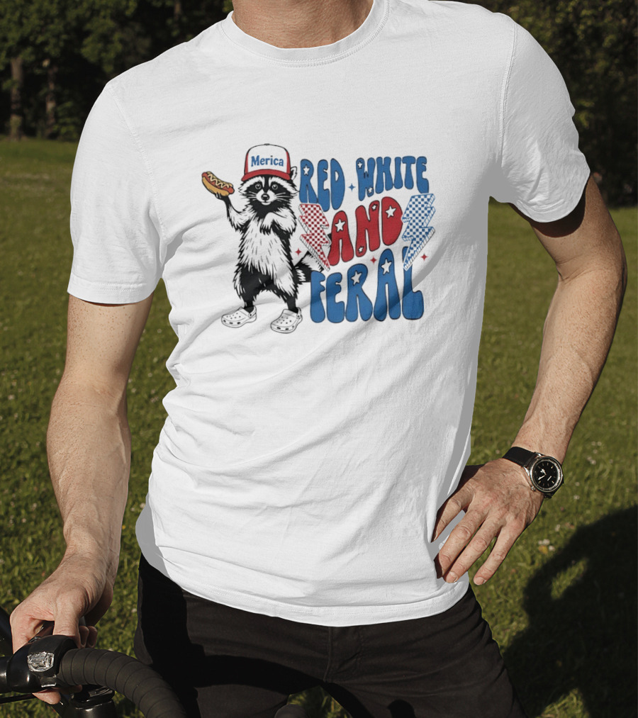 Red White And Feral Raccoon Hotdog Merica Cap Lightning Bolts Patriotic T-Shirt