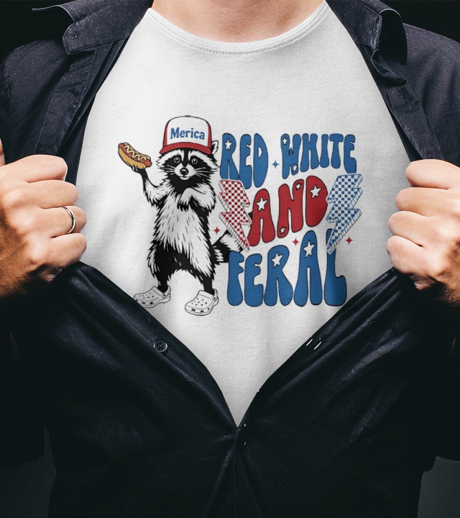 Red White And Feral Raccoon Hotdog Merica Cap Lightning Bolts Patriotic T-Shirt