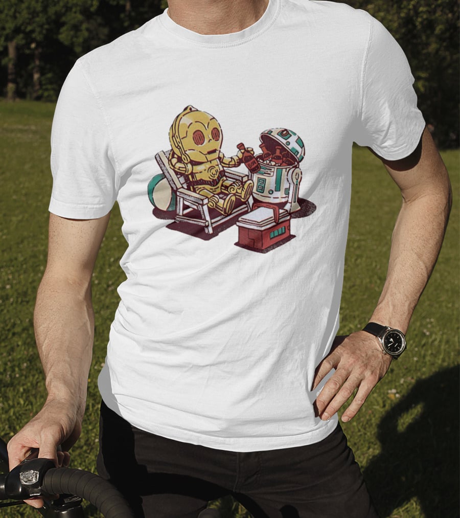 Stay Buddy Two Robots Relaxing Beach Chair Sci Fi Humor T-Shirt