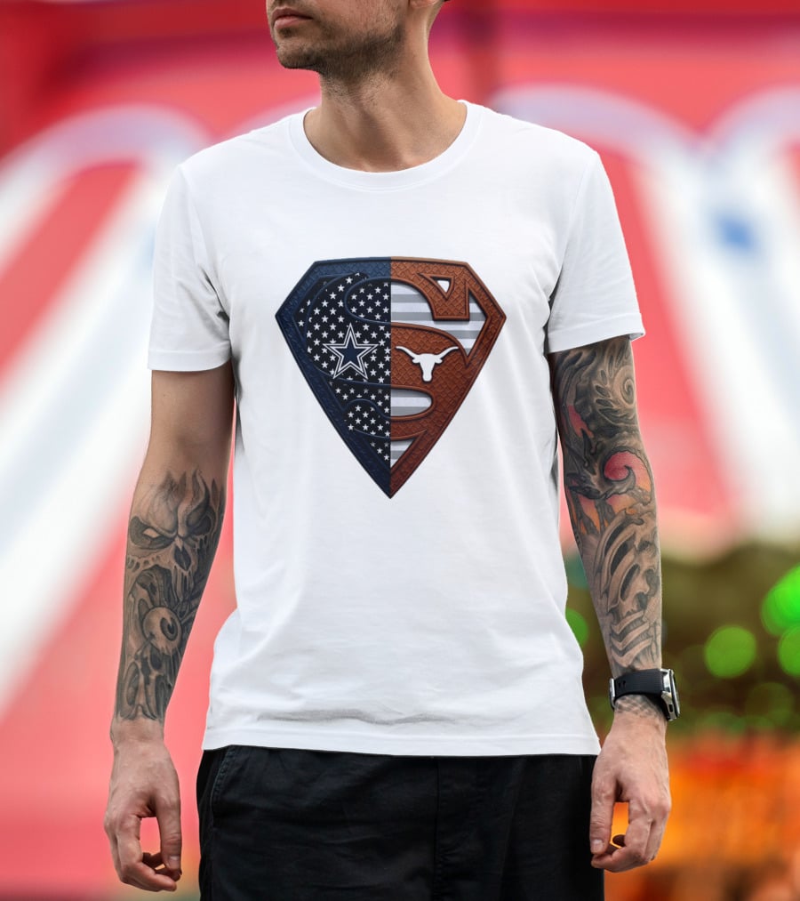 Dallas Cowboys Texas Longhorns Superman Shield Split Dual Icon Emblems T-Shirt