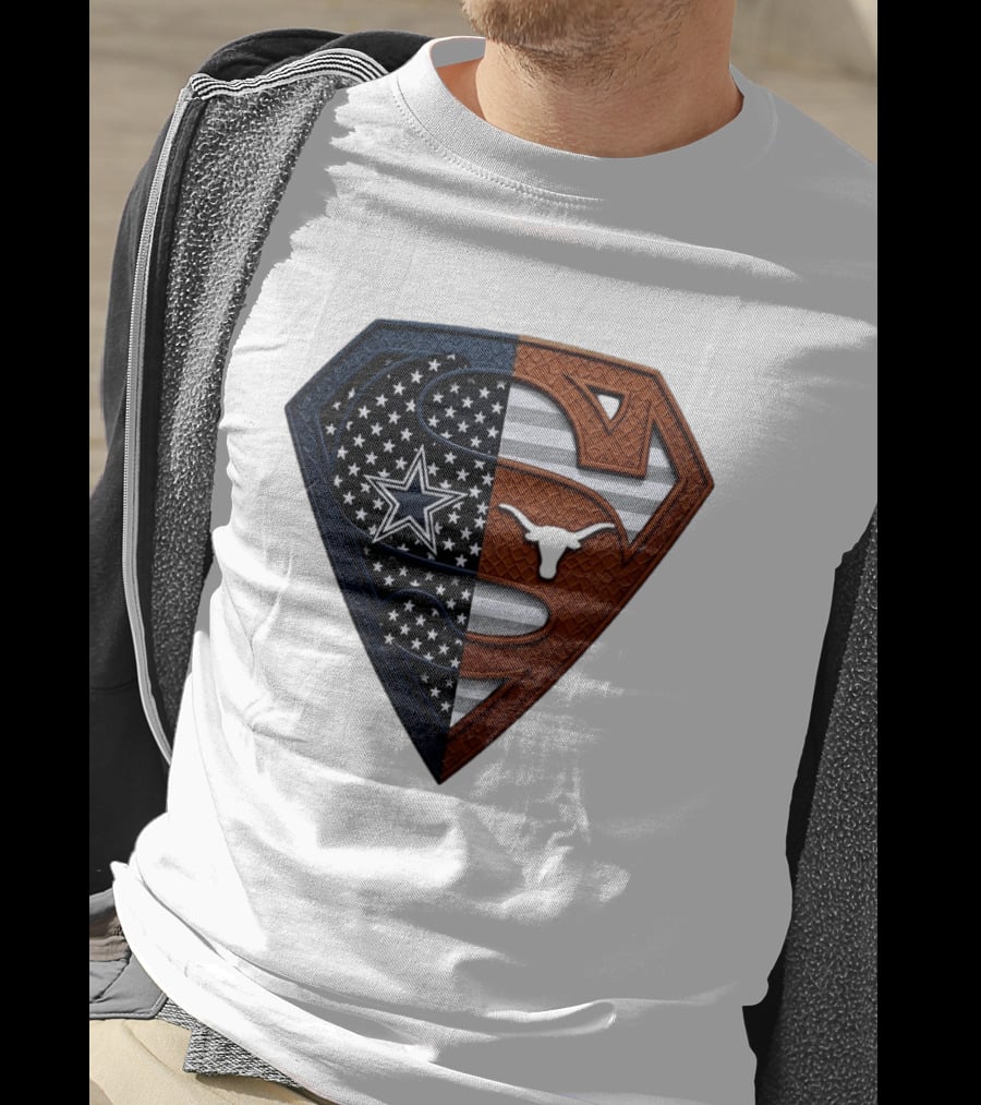Dallas Cowboys Texas Longhorns Superman Shield Split Dual Icon Emblems T-Shirt