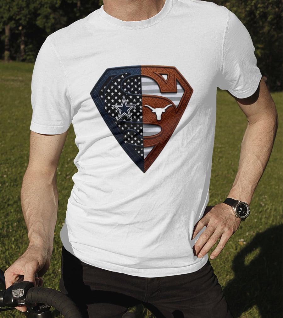 Dallas Cowboys Texas Longhorns Superman Shield Split Dual Icon Emblems T-Shirt