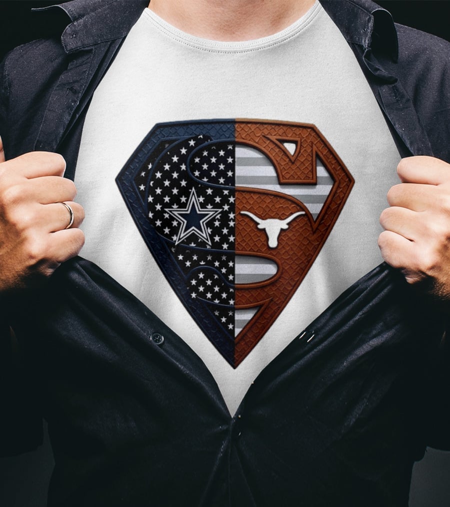 Dallas Cowboys Texas Longhorns Superman Shield Split Dual Icon Emblems T-Shirt