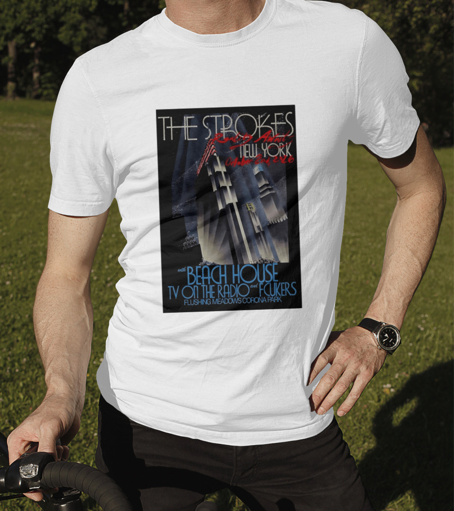 The Strokes New York Concert October 2026 Flushing Meadows Corona Park With Beach House TV On The Radio Fcukers Deco Cityscape T-Shirt