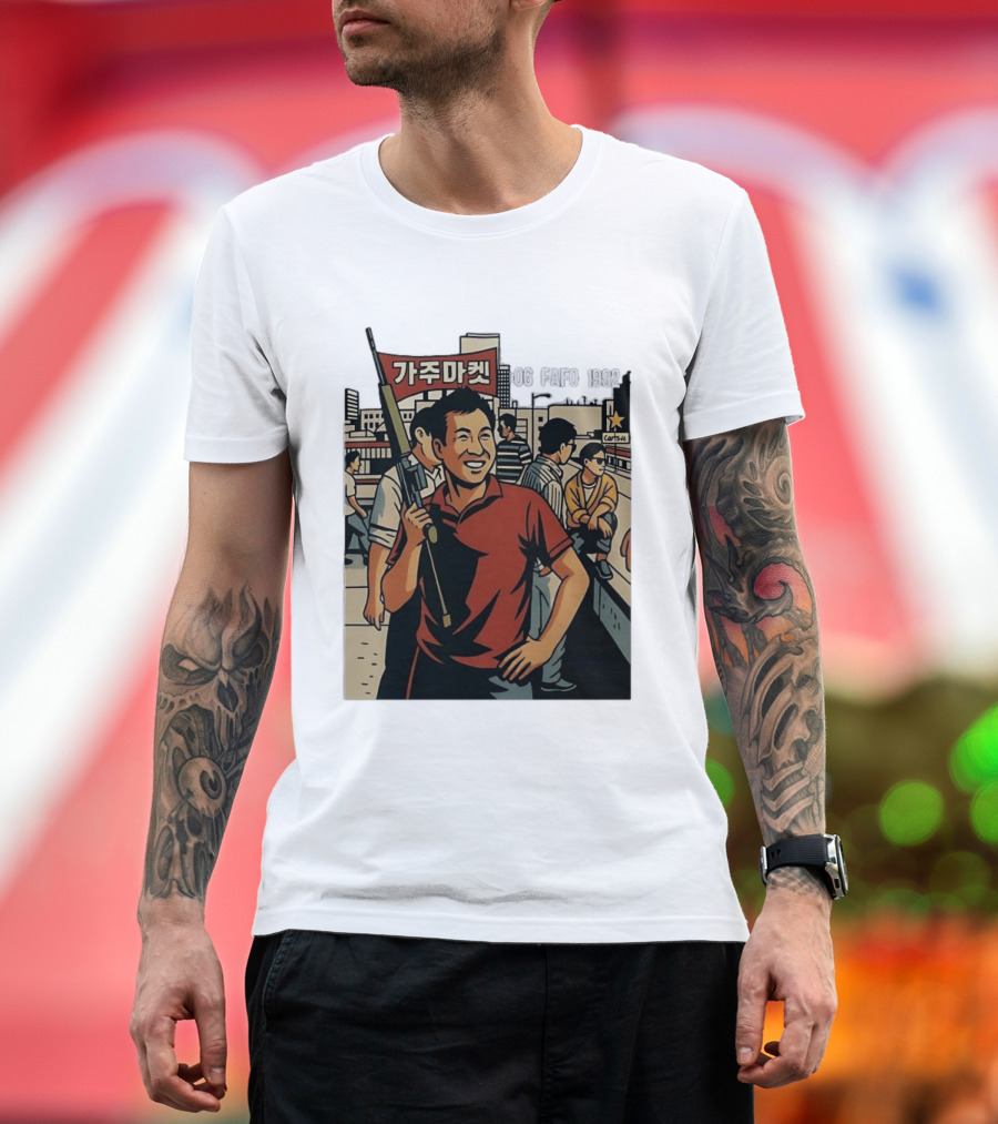Korean American Street Scene Man With Rifle Urban T-Shirt