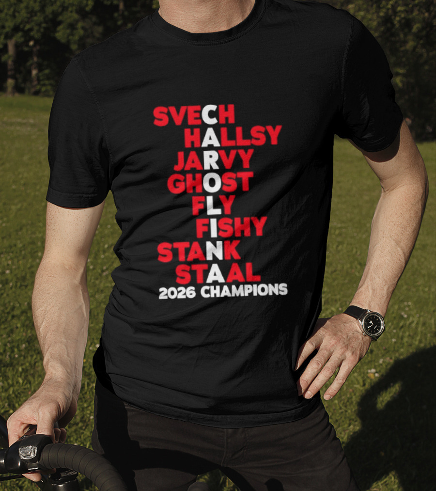 Carolina Hurricanes 2026 Champions Svech Hallsy Jarvy Ghost Fly Fishy Stank Staal T-Shirt