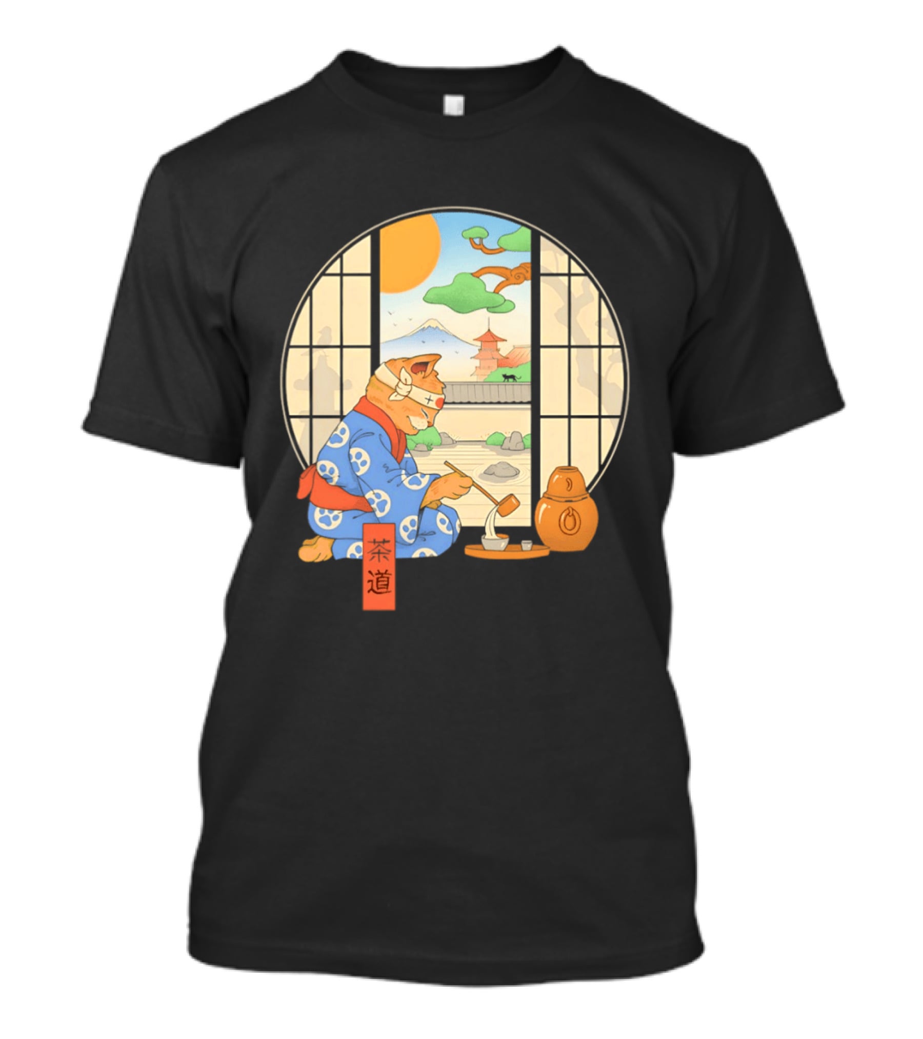 Ukiyo E Style Cat Tea Ceremony With Japanese Landscape T-Shirt