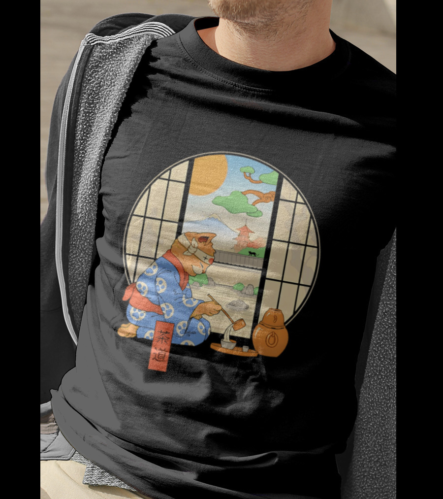 Ukiyo E Style Cat Tea Ceremony With Japanese Landscape T-Shirt