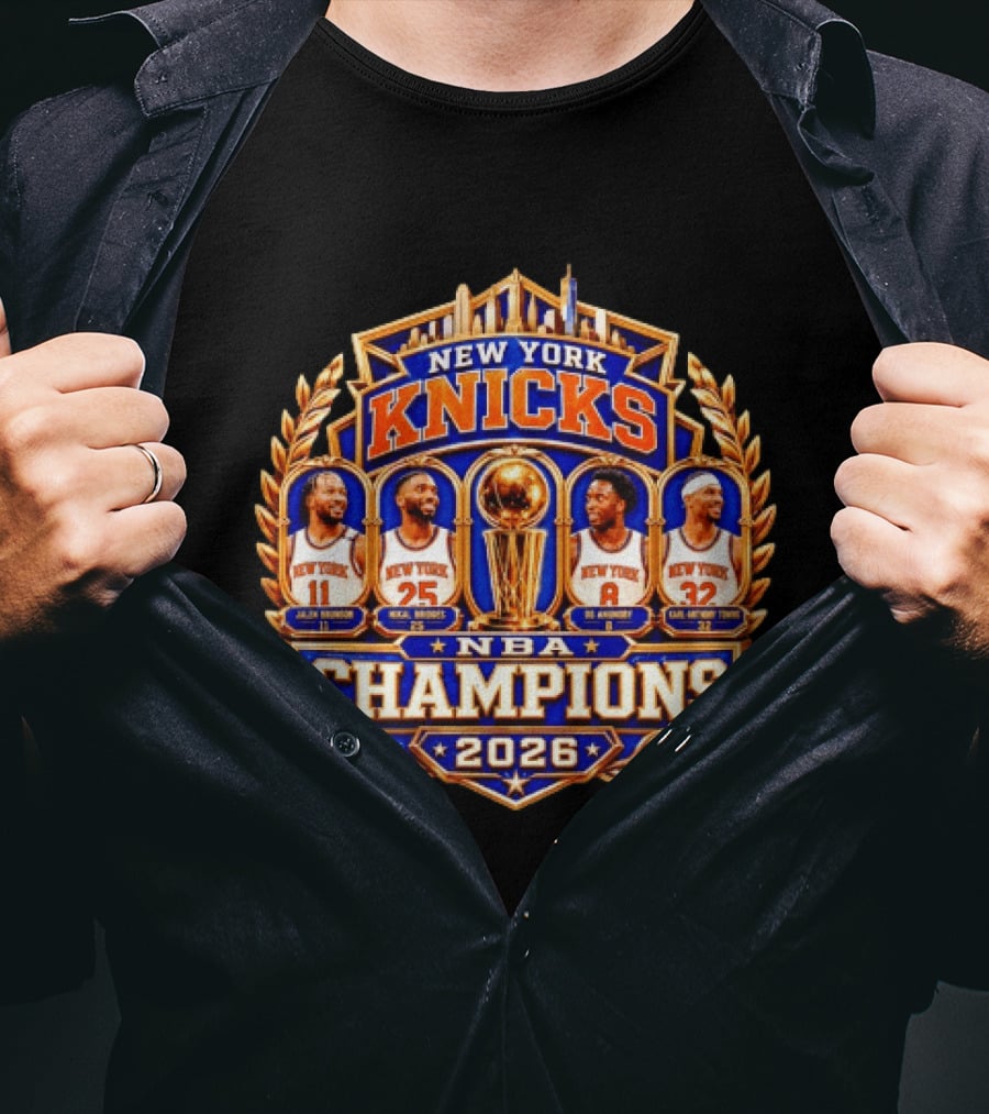 New York Knicks NBA Champions 2026 Jalen Brunson Mikal Bridges OG Anunoby Karl Anthony Towns T-Shirt