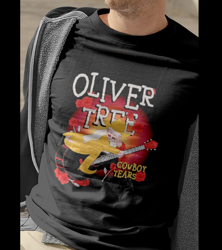 Oliver Tree Cowboy Tears Cartoon Character With Roses And Guitar T-Shirt