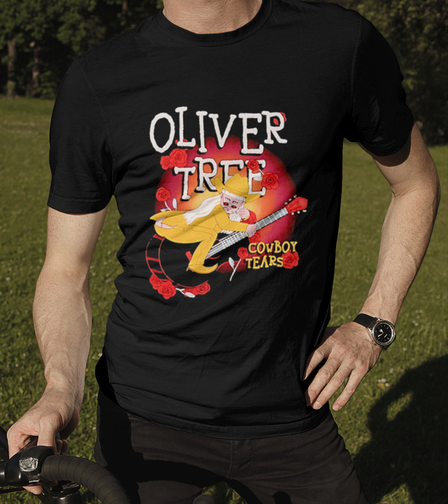 Oliver Tree Cowboy Tears Cartoon Character With Roses And Guitar T-Shirt