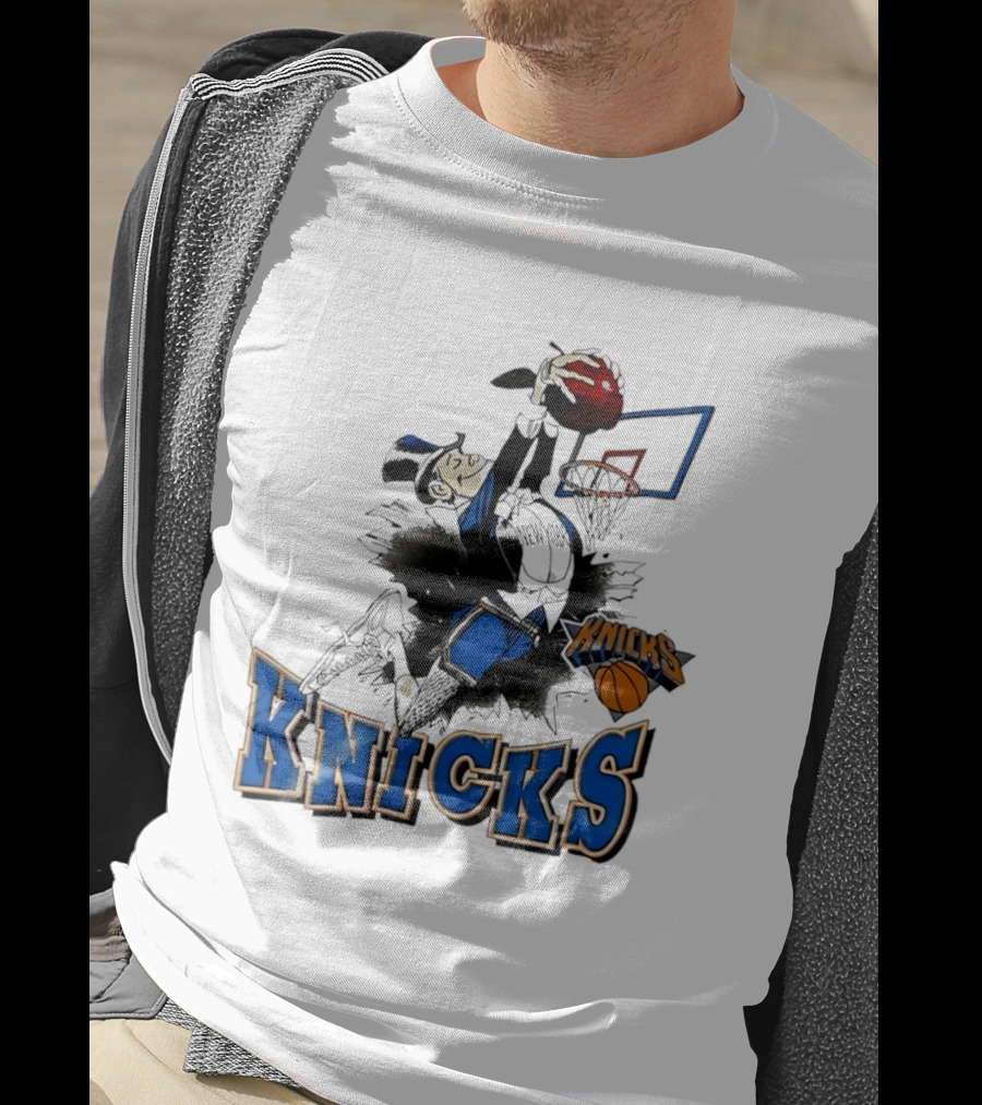 New York Knicks Dunking Red Apple Knicks Text Blue Basketball T-Shirt