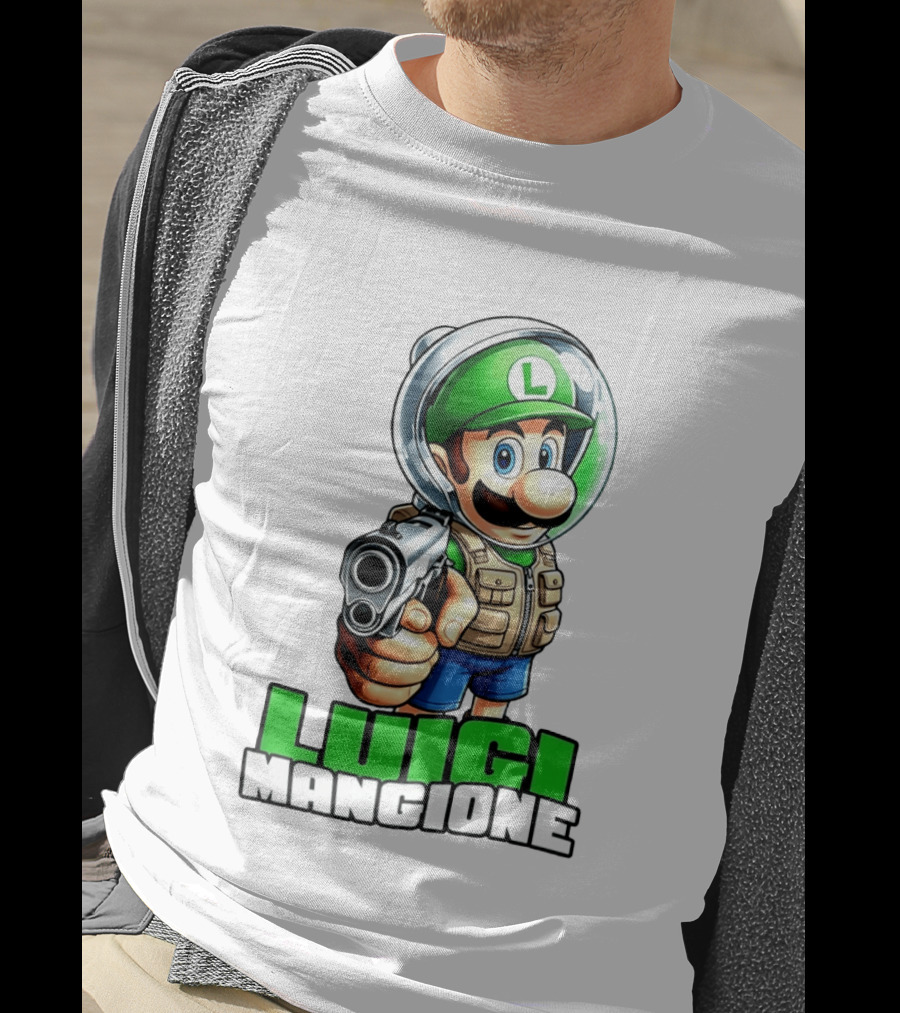 Luigi Mangione Super Mario Green Hat Gun Image T-Shirt