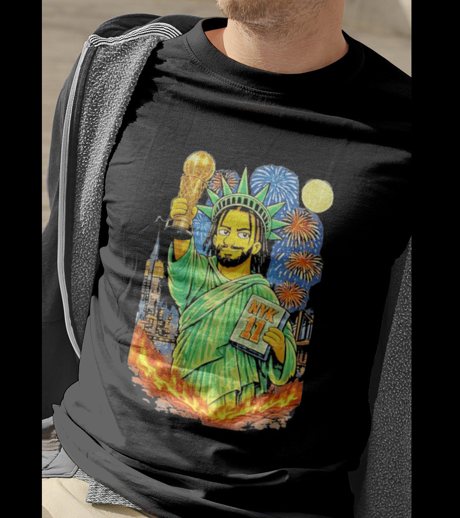 New York Knicks Jalen Brunson As Statue Of Liberty NYK 11 With Trophy And Fireworks T-Shirt