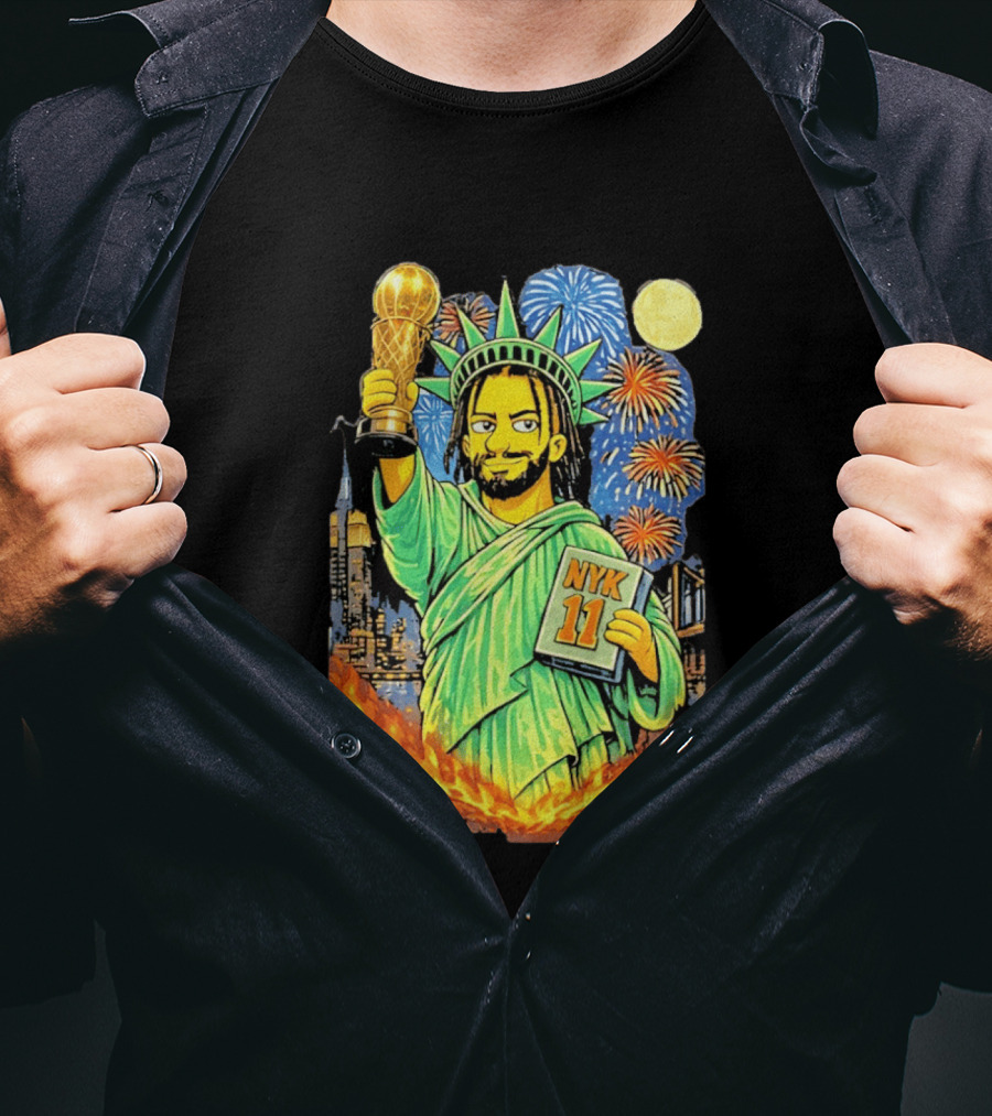New York Knicks Jalen Brunson As Statue Of Liberty NYK 11 With Trophy And Fireworks T-Shirt
