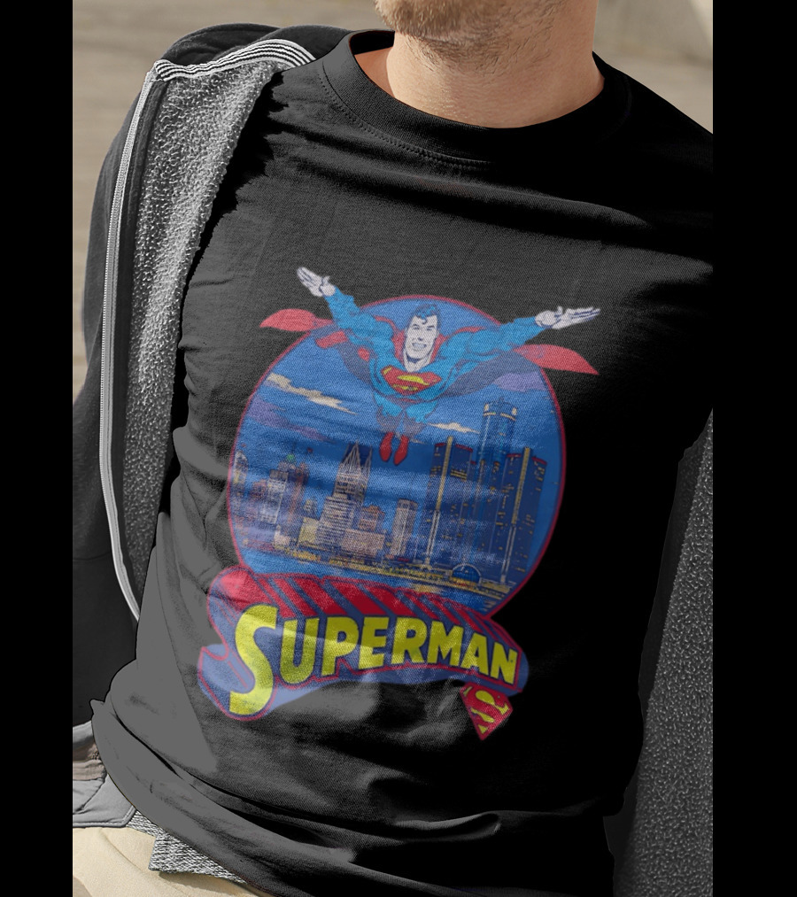Detroit Superman Jay Towers Motor City Skyline Superman Logo Retro Comic T-Shirt