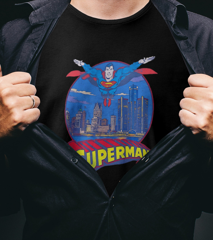 Detroit Superman Jay Towers Motor City Skyline Superman Logo Retro Comic T-Shirt