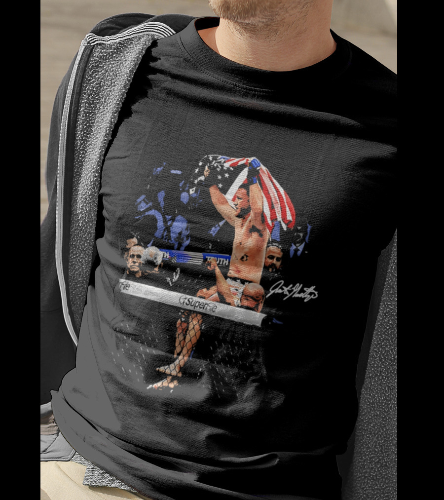 Justin Gaethje Celebrating With American Flag Victory Pose Signature Edition T-Shirt