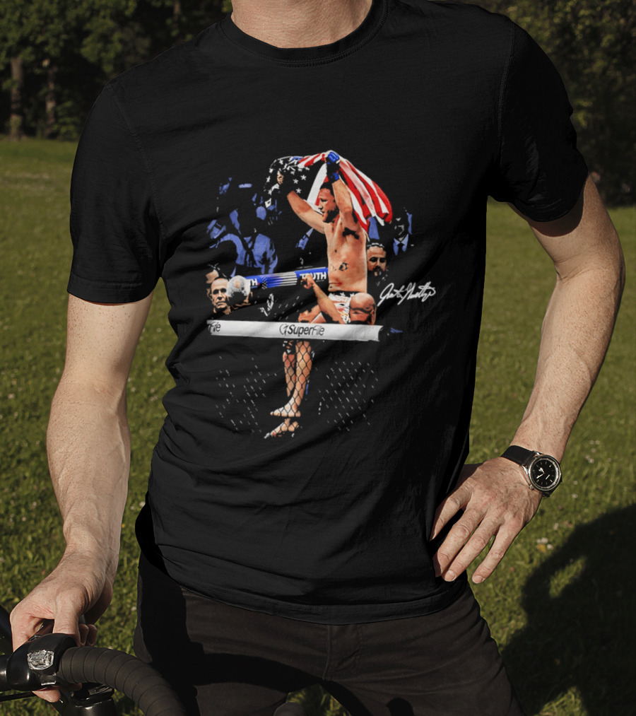 Justin Gaethje Celebrating With American Flag Victory Pose Signature Edition T-Shirt