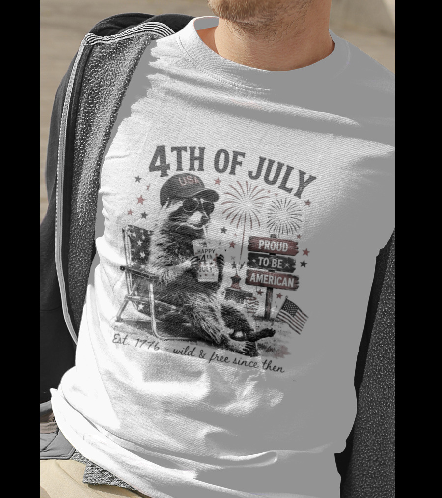 4th Of July Raccoon USA Hat Sunglasses Proud To Be American Est 1776 T-Shirt