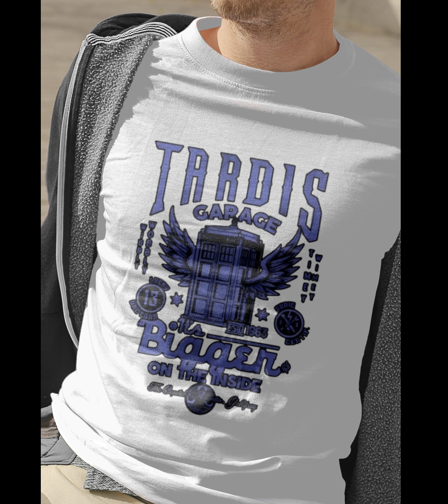 Tardis Garage It's Bigger On The Inside Lucky 13 Doctors Wibbly Wobbly Timely Wimey Sonic Crafted Estd 1963 T-Shirt
