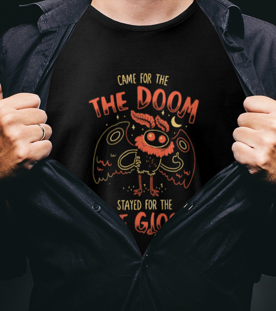Came For The The Doom Stayed For The The Gloom Owl Cartoon With Crescent Moon And Stars T-Shirt