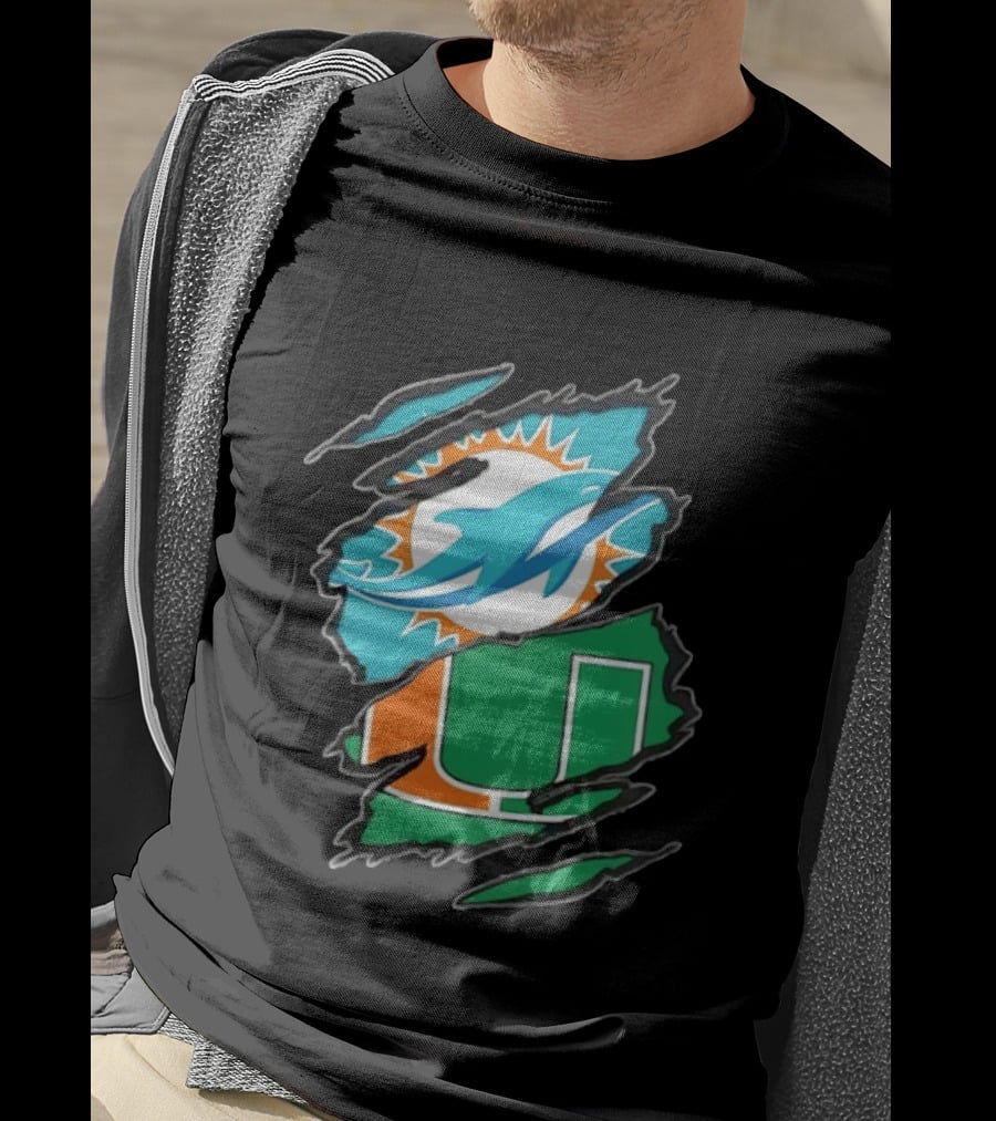 Miami Dolphins And Miami Hurricanes Two Teams One Heart Scratch T-Shirt
