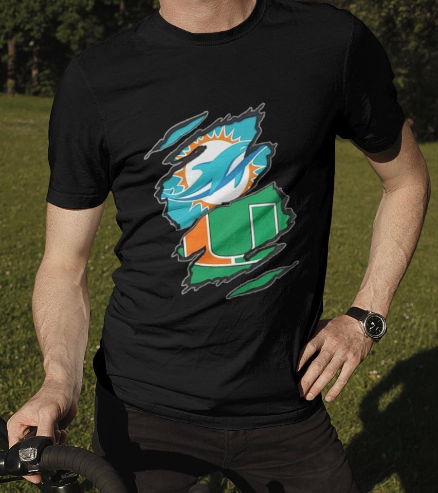 Miami Dolphins And Miami Hurricanes Two Teams One Heart Scratch T-Shirt