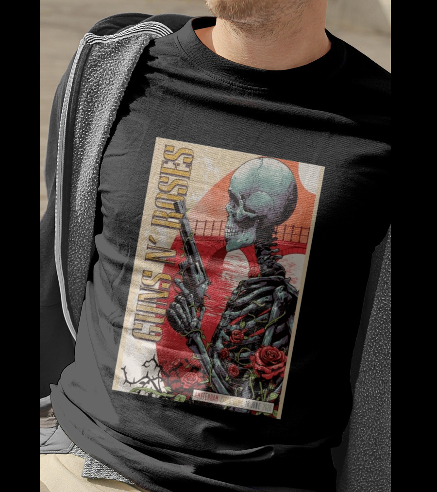 Guns N' Roses Amsterdam 18 June 2026 Ziggo Dome Skeleton With Gun And Roses T-Shirt