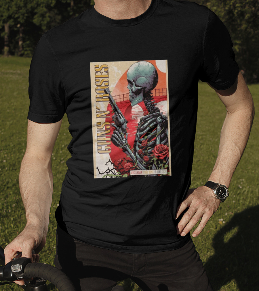 Guns N' Roses Amsterdam 18 June 2026 Ziggo Dome Skeleton With Gun And Roses T-Shirt