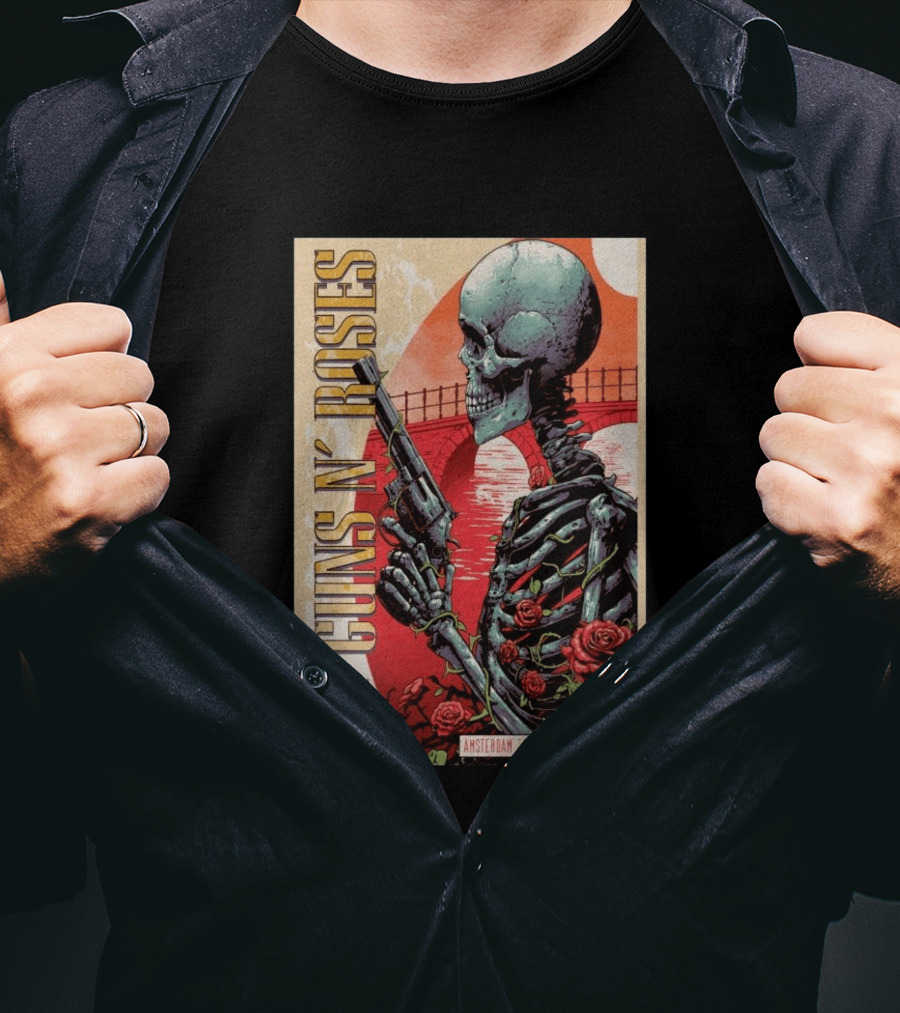 Guns N' Roses Amsterdam 18 June 2026 Ziggo Dome Skeleton With Gun And Roses T-Shirt